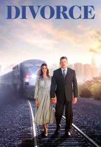 Sarah Jessica Parker and Thomas Haden Church walking on railroad tracks with train coming