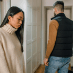 Woman in cream sweater behind a man in black vest heading out door