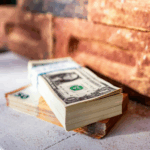 Stack of U.S. dollar bills placed on a ledge beside a brick wall, symbolizing hidden or undisclosed financial assets in the context of divorce.