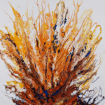 A vibrant abstract painting bursting with fiery orange, yellow, and blue tones, symbolizing the emotional intensity and upheaval often felt during menodivorce.