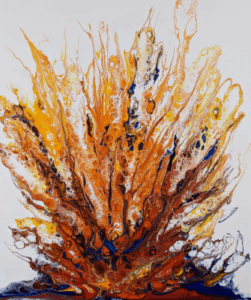 A vibrant abstract painting bursting with fiery orange, yellow, and blue tones, symbolizing the emotional intensity and upheaval often felt during menodivorce.