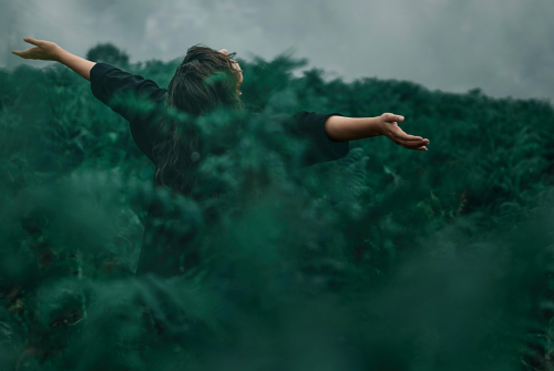 Woman standing in nature with her arms open, symbolizing freedom and reinvention after divorce